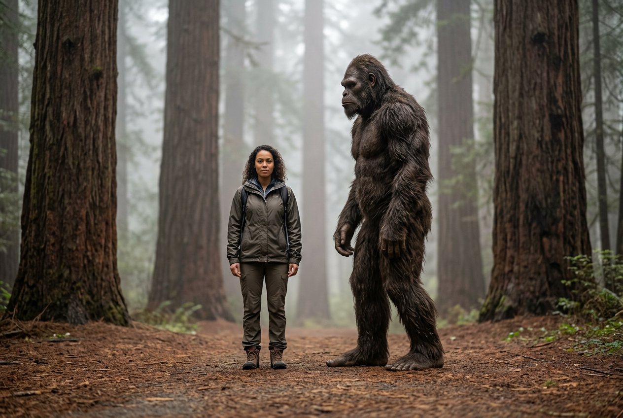 Woman vs bigfoot: size comparison