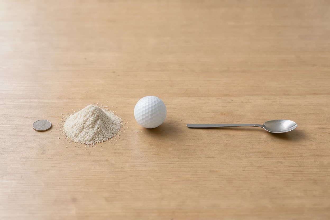 What does 20 grams of collagen peptides look like? Shown at true scale next to a US quarter, a golf ball and a teaspoon.