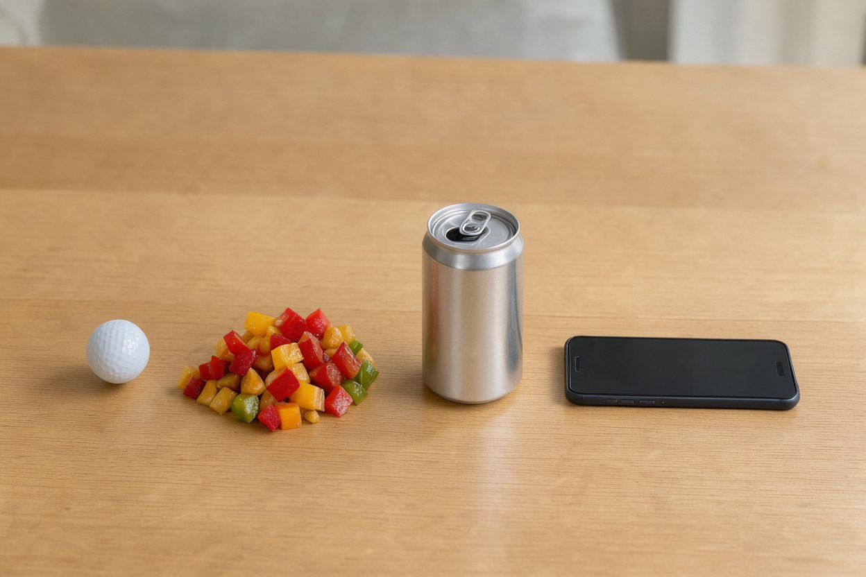 What does 1 cup of diced bell pepper look like? Shown at true scale next to a golf ball, a soda can and a smartphone.