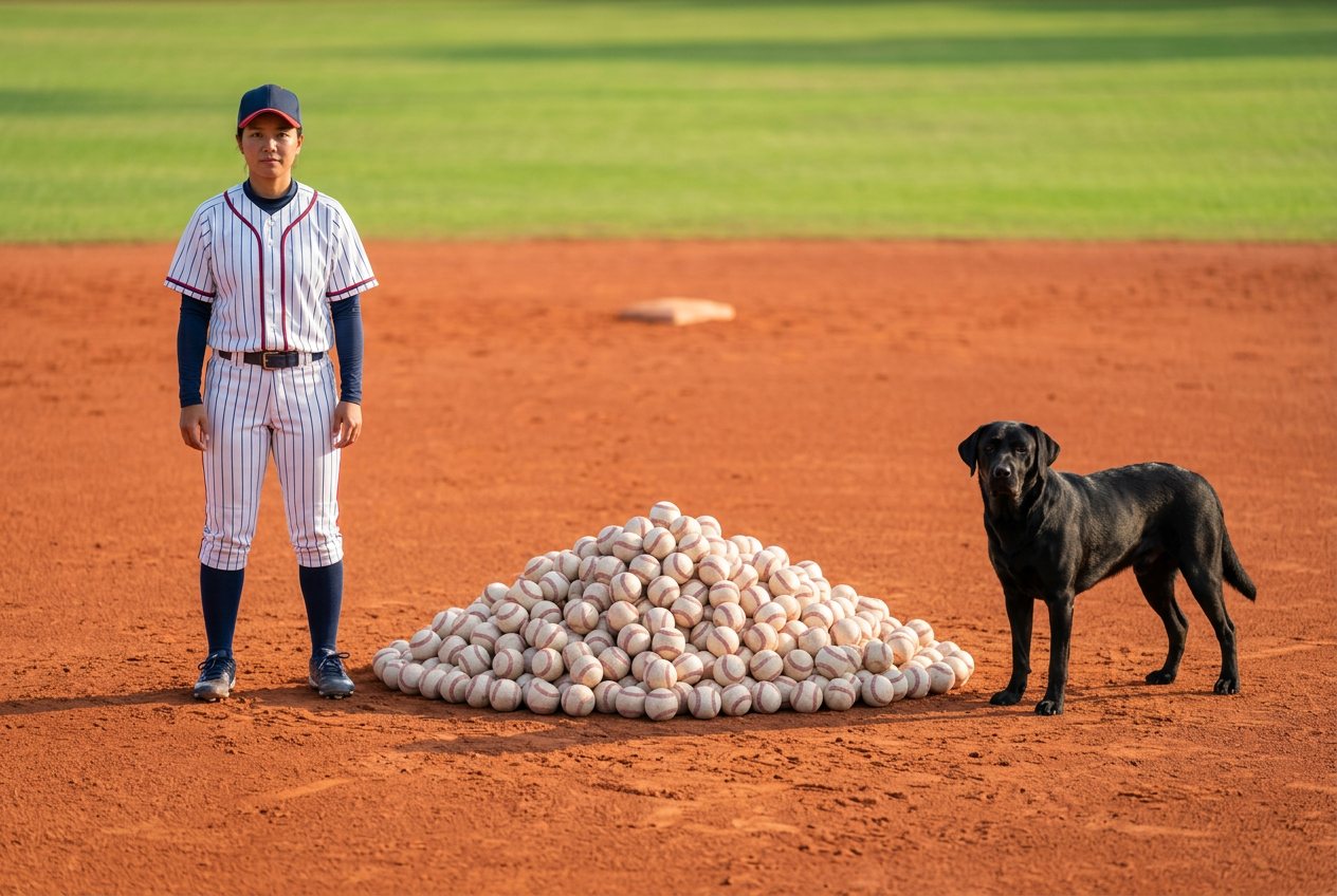 What do 1,000 baseballs look like? Shown at true scale next to an adult person and a labrador retriever.