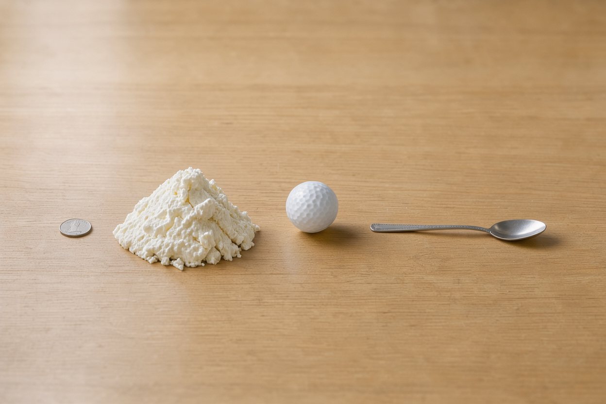 What does 8 ounces of ricotta cheese look like? Shown at true scale next to a US quarter, a golf ball and a teaspoon.