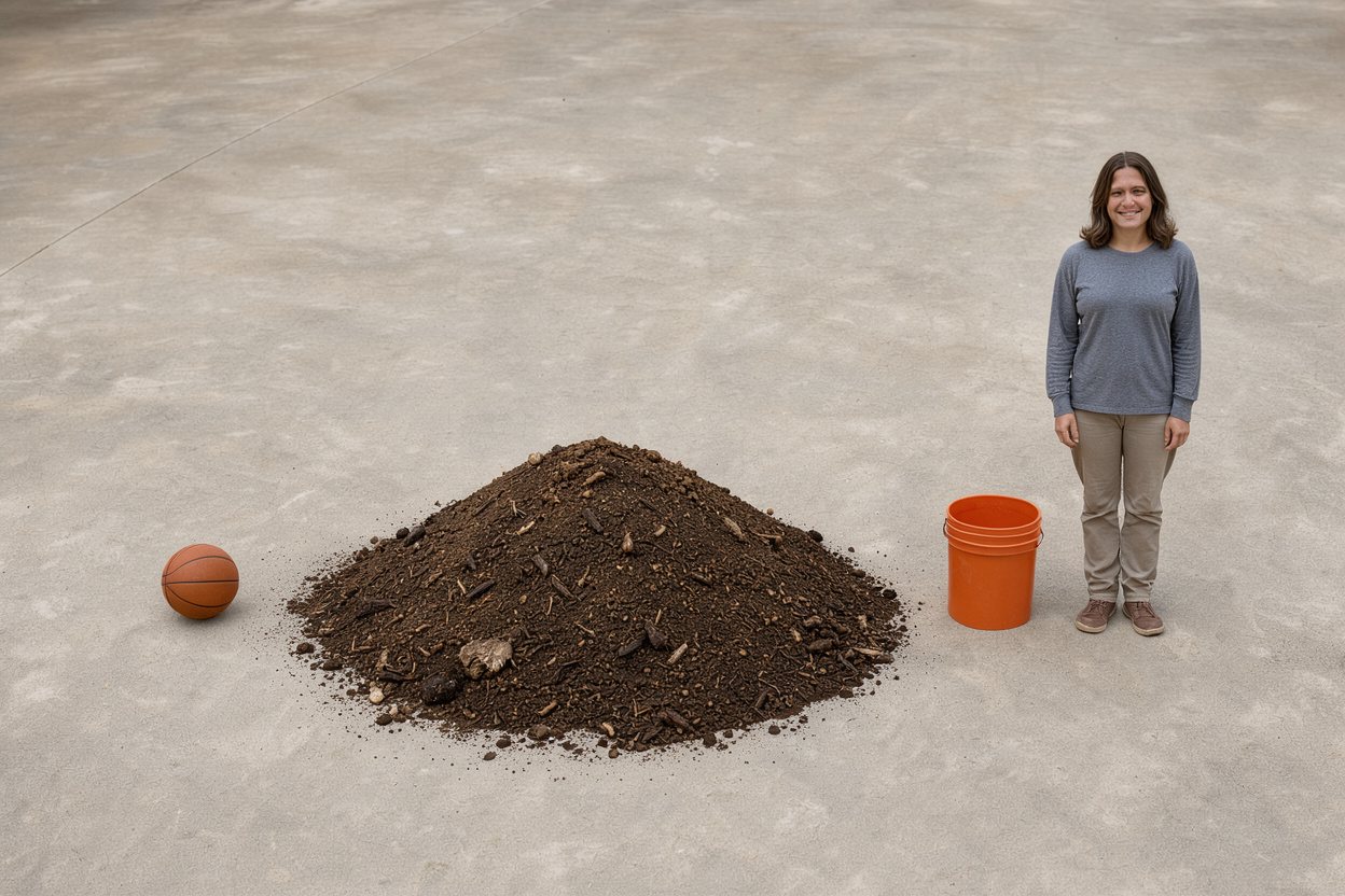 What does 1 cubic yard of mushroom compost look like? Shown at true scale next to a basketball, a 5-gallon bucket and an adult person.