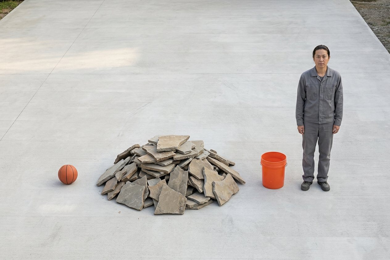 What does 1 ton of flagstone look like? Shown at true scale next to a basketball, a 5-gallon bucket and an adult person.