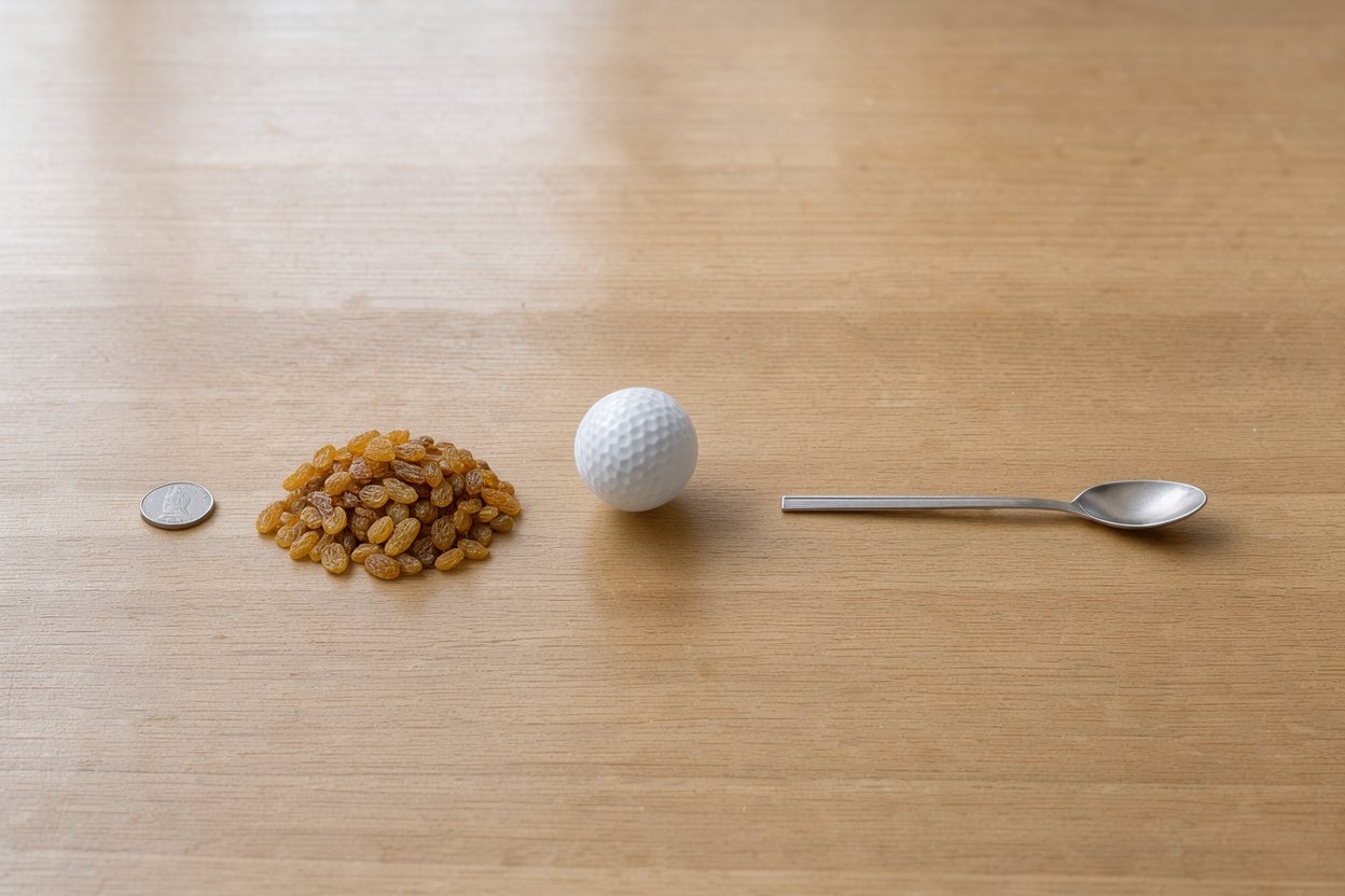 What does 0.25 cups of golden raisins look like? Shown at true scale next to a US quarter, a golf ball and a teaspoon.