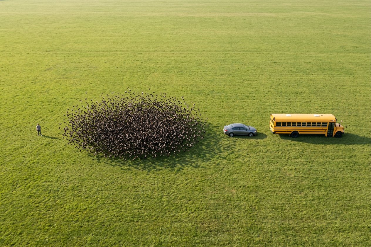 What do 10,000 bats look like? Shown at true scale next to an adult person, a sedan car and a school bus.