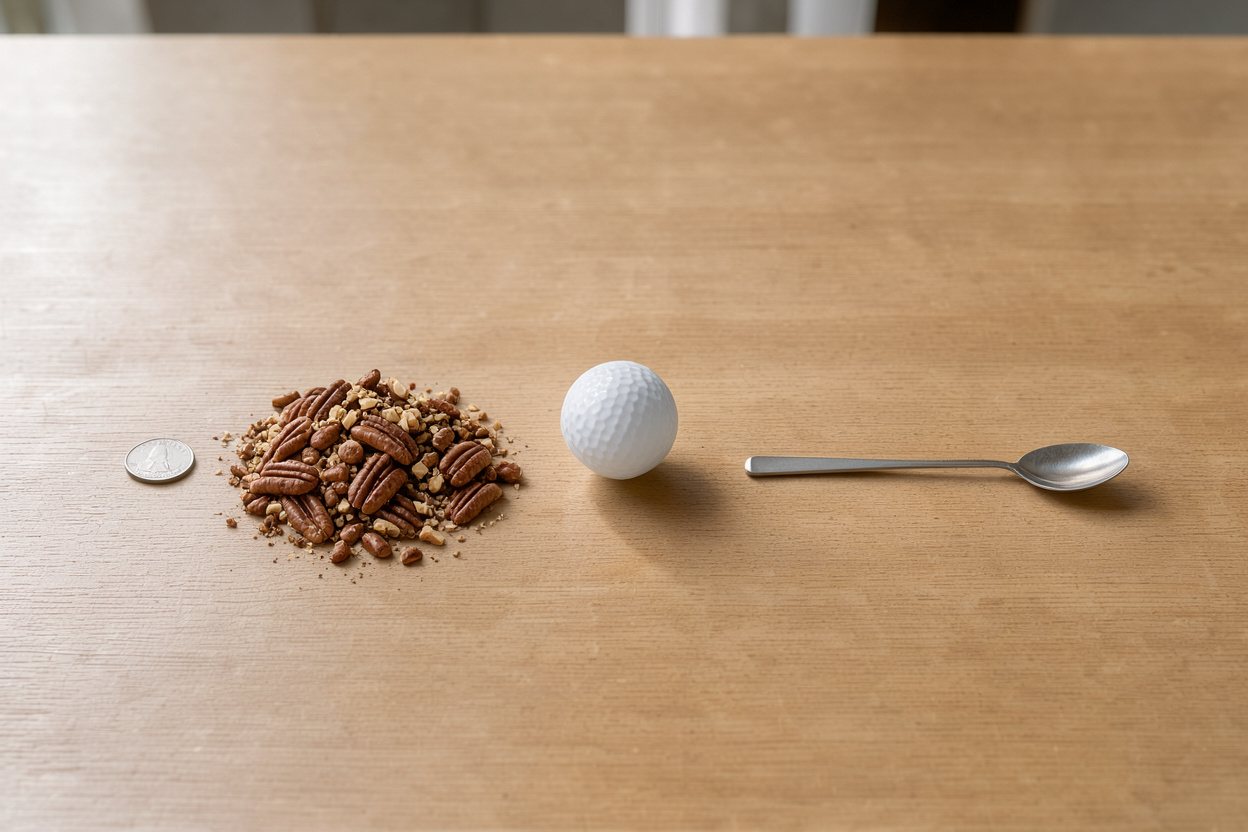 What does 50 grams of chopped pecans look like? Shown at true scale next to a US quarter, a golf ball and a teaspoon.