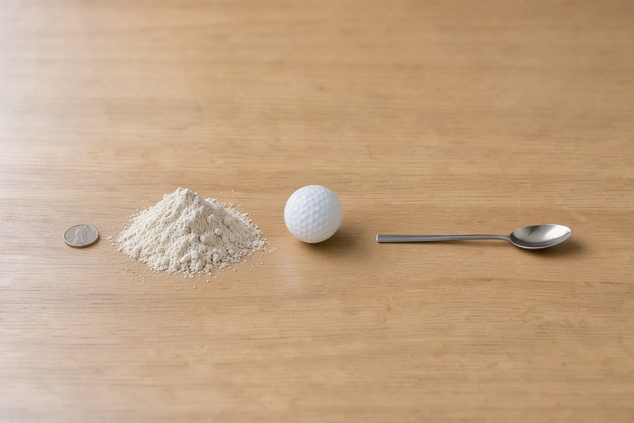 What does 50 grams of whey protein powder look like? Shown at true scale next to a US quarter, a golf ball and a teaspoon.