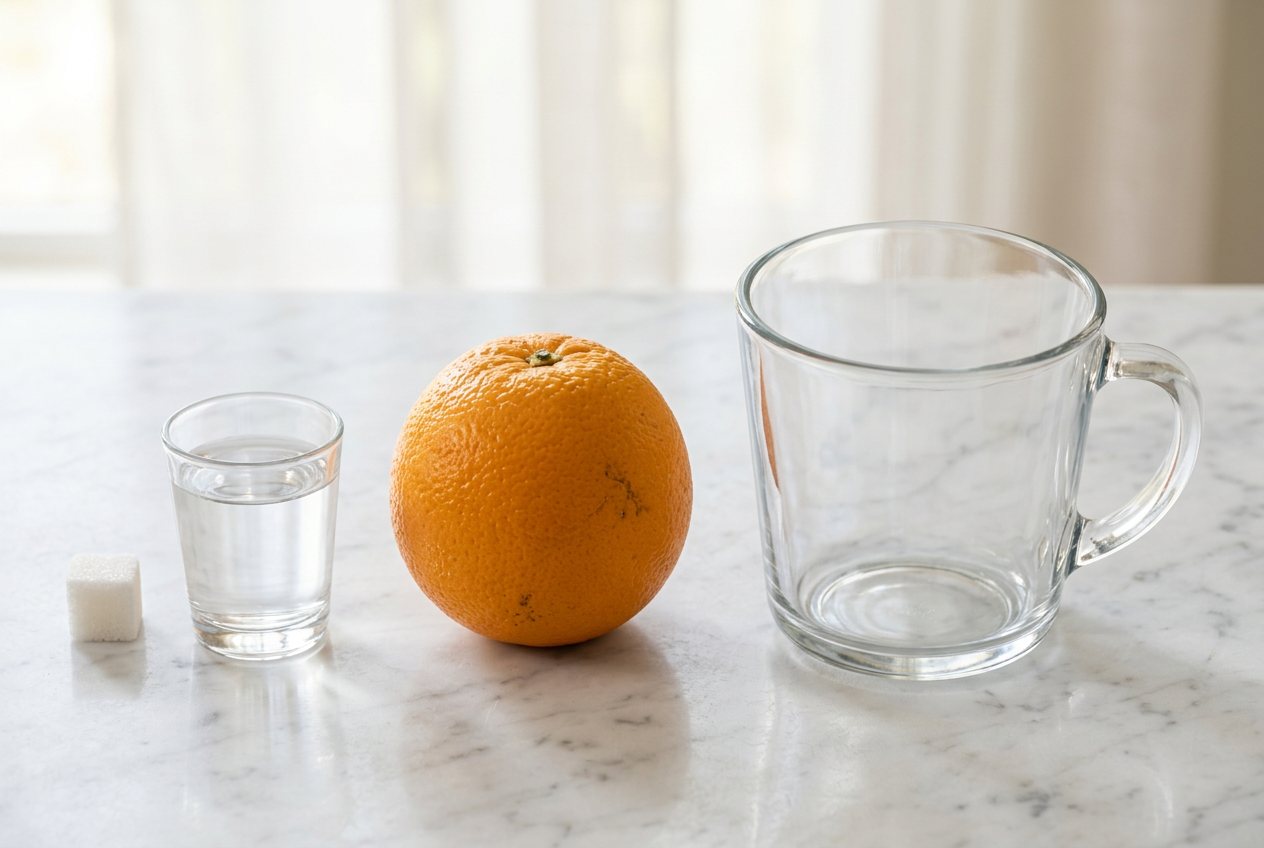 What does 0.25 cups of water look like? Shown at true scale next to a sugar cube, an orange and a 1-cup measure.