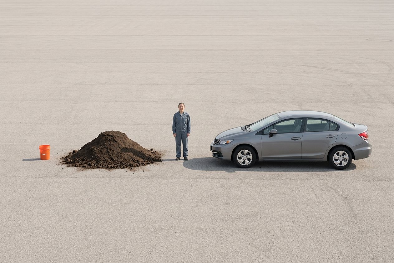What does 3 cubic yards of topsoil look like? Shown at true scale next to a 5-gallon bucket, an adult person and a sedan car.