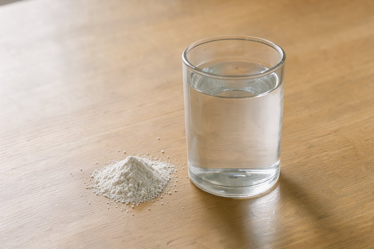 10 g of electrolyte powder vs 1 gal of water: size comparison