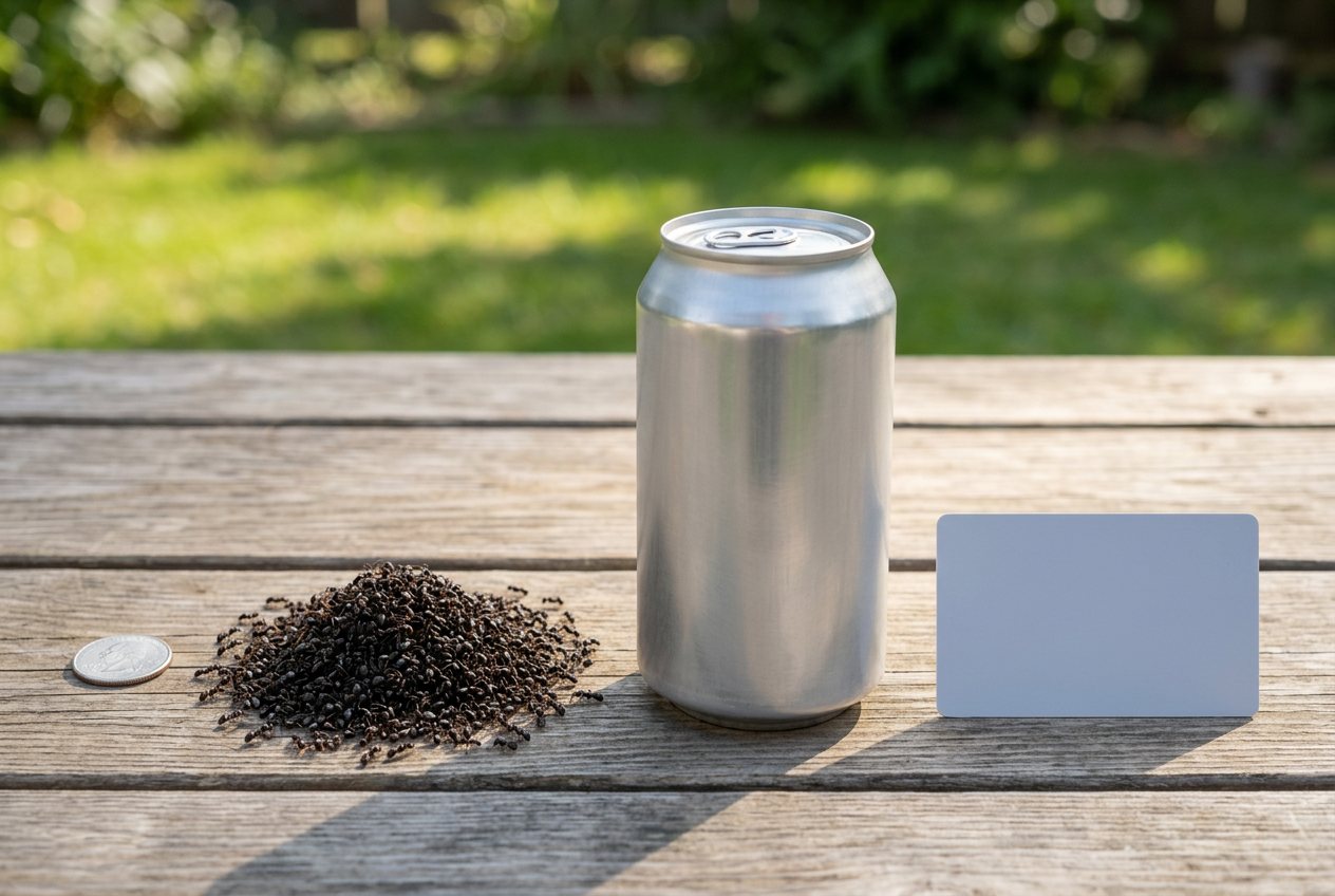 What do 5,000 ants look like? Shown at true scale next to a US quarter, a soda can and a credit card.