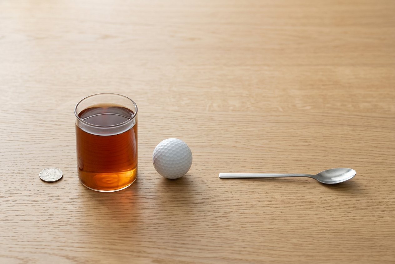 What does 8 fluid ounces of brewed tea look like? Shown at true scale next to a US quarter, a golf ball and a teaspoon.