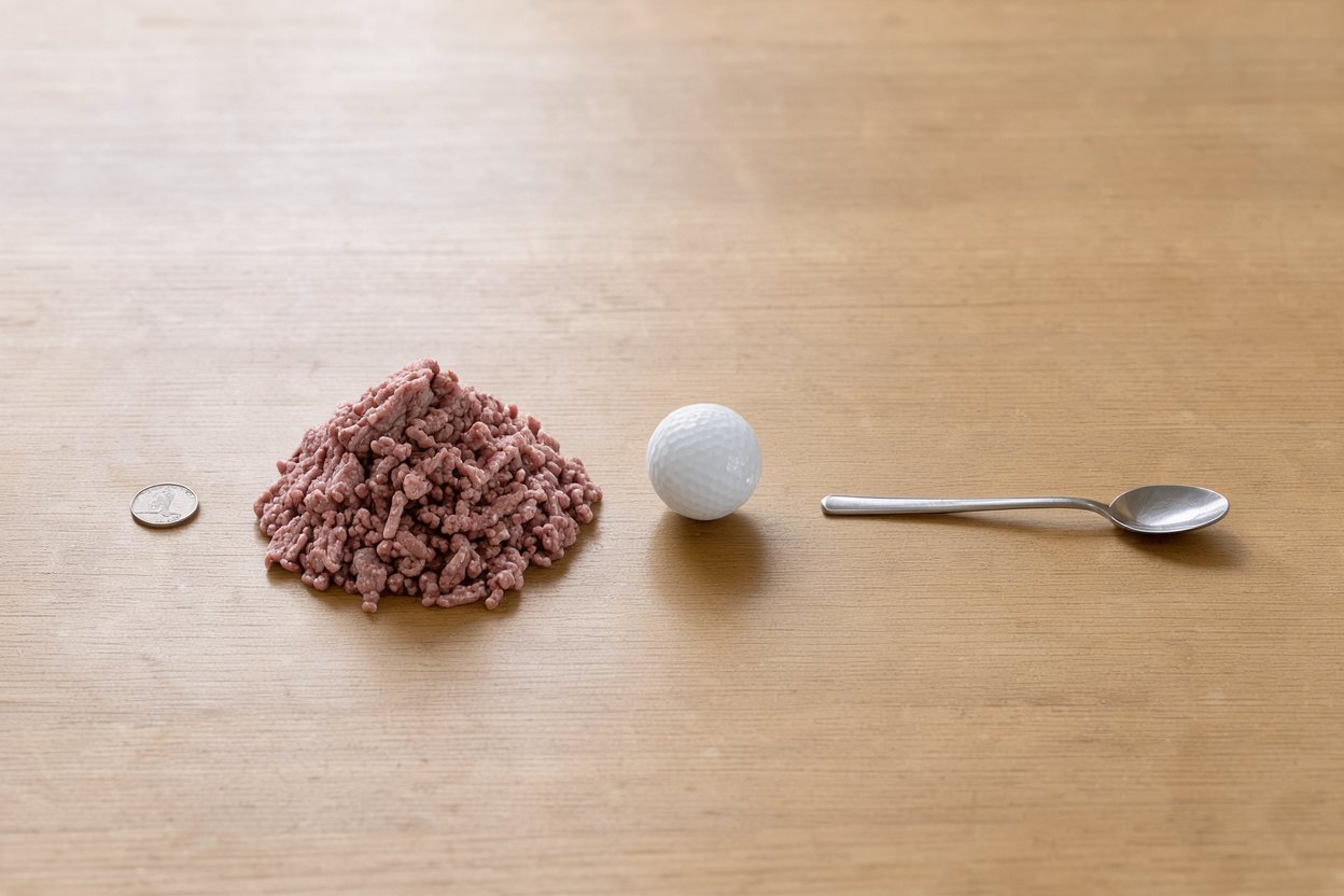 What does 250 grams of ground lamb look like? Shown at true scale next to a US quarter, a golf ball and a teaspoon.