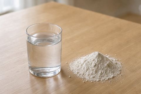 300 mL of water vs 40 g of whey protein powder: size comparison