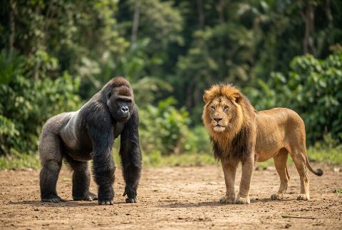 African lion, in “Gorilla vs lion”