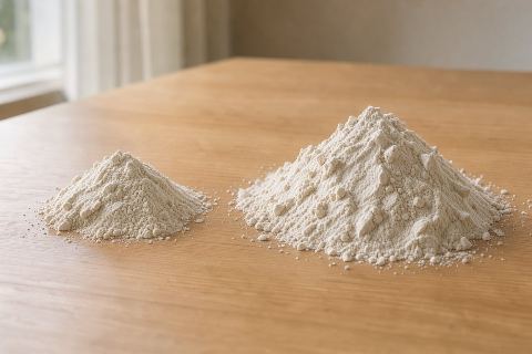 12 g of whey protein powder vs 60 g of whey protein powder: size comparison