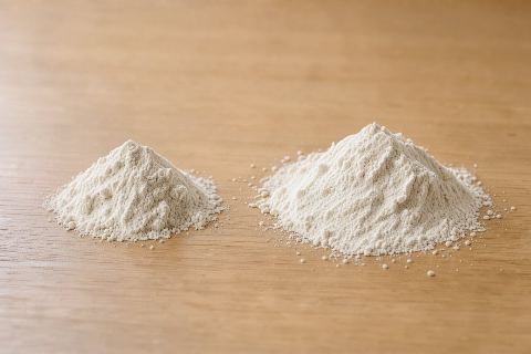 30 g of whey protein powder vs 60 g of whey protein powder: size comparison