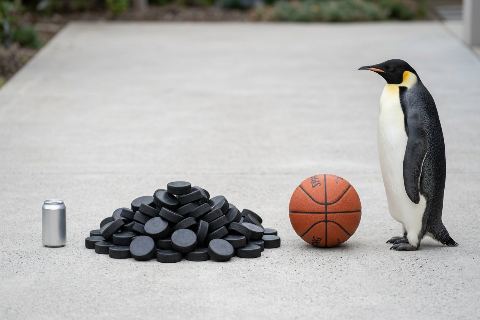 How many hockey pucks weigh as much as an emperor penguin?