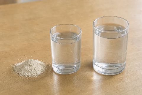 10 g of electrolyte powder vs 16 fl oz of water vs 32 fl oz of water: size comparison