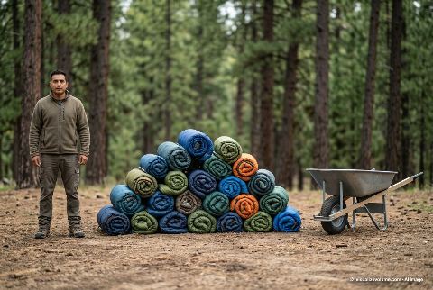 Wheelbarrow, in “What do 100 sleeping bags look like?”